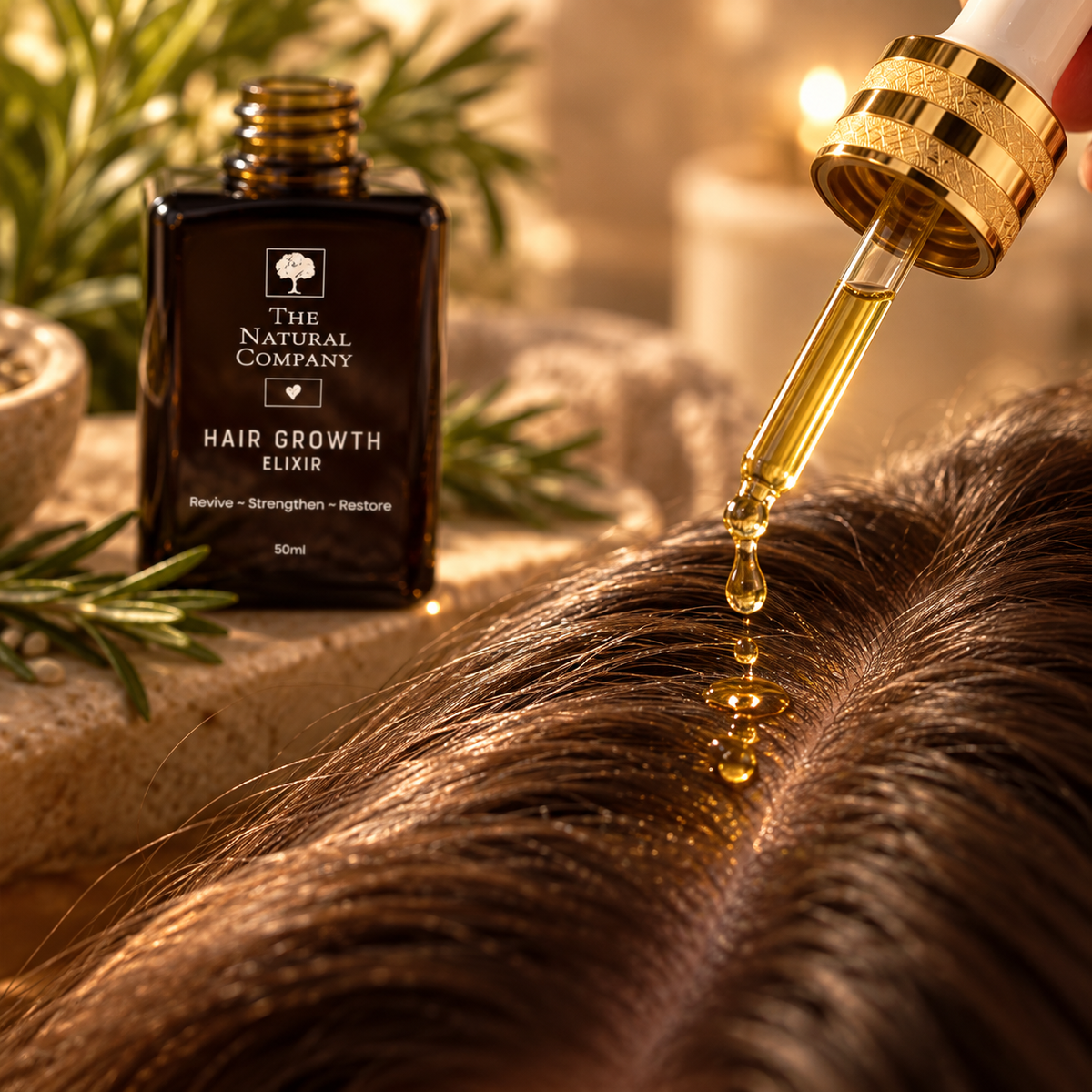 Hair Growth Elixir being applied directly to the scalp with a dropper